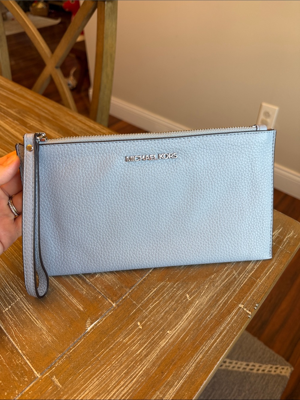 Michael Kors Powder Blue Pebbled Leather Wristlet Clutch